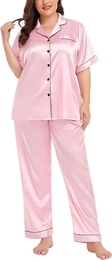 SWOMOG Satin Pjs for Women Plus Size Pj Set Summer Pajamas Smooth and Soft Pajama Set Comfy Nightwear 24W Rose Red at Amazon Women’s Clothing store Comfy Nightwear, Pjs For Women, Pants Pjs, Female Gifts, Pajamas Silk, Satin Pjs, Satin Pj Set, Satin Pajama Set, Satin Pajama