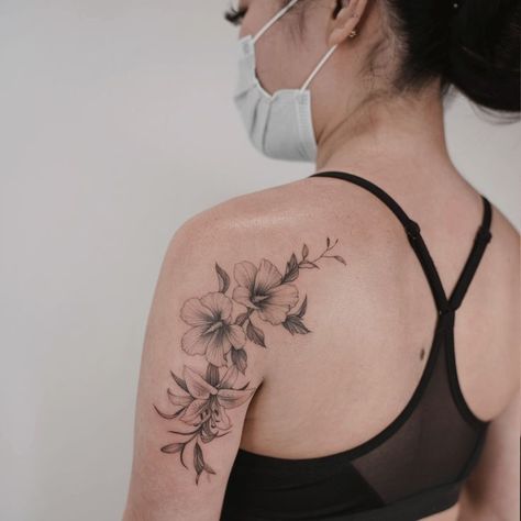 Mugunghwa Tattoo, Korea Tattoo, Matching Tats, Small Tats, Plant Tattoo, Lily Tattoo, Line Flower, Rose Of Sharon, Fine Line Tattoos