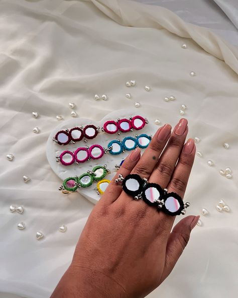 Three fingle rings 💖💖💖💖 Available in all colours also adjustable rings #handmaderings #mirrorrings #mirrorrings💍💍 #handmadejewelry #handmadejewellery #handmadejewelrydesign #handmadejewelery Navratri Rings, Navratri Necklace, Thread Bangles Design, Diy Fabric Jewellery, Fabric Jewellery, Beach Instagram, Dress Book, Thread Bangles, Bangles Design