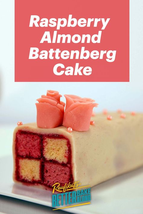 Raufikat’s Better Bake Along: Raspberry Almond Battenberg Cake | An elegant cake with a distinct checkerboard pattern that’s sure to impress. Battenberg Cake, British Desserts, Elegant Cake, Raspberry Almond, Raspberry Syrup, Elegant Cakes, Pastry Cake, Checkerboard Pattern, Cake Ingredients