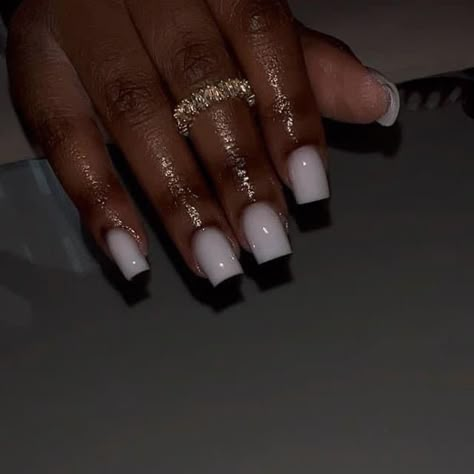 Short White Powder Nails, Cute White Short Acrylic Nails, Natural Overlay Nails Design, Soft White Square Nails, Short Soft White Nails, Short Milky White Nails With Rhinestones, Short Off White Nails, Polygel Overlay Nails, Short Cute Nails Acrylic Square