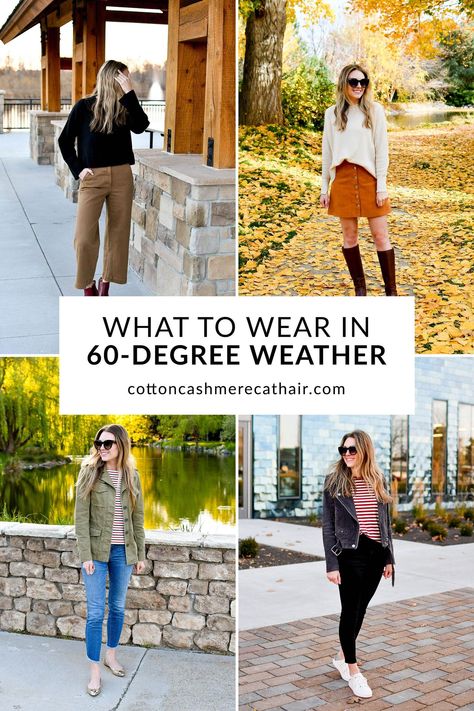 As a lifelong Idahoan, I'm used to dressing for 60-degree weather! 60s happens a lot in the spring and fall. Check out this post to learn what to wear in 60-degree weather plus find 12 outfit ideas to wear when it's 55-65°F outside. Fall Outfits 65 Degrees, 62 Degree Weather Outfit Fall, What To Wear In 62 Degree Weather, 60 Degree Weather Outfit Europe, What To Wear In 55 Degree Weather, 57 Degree Weather Outfit Fall, 17 Degrees Celsius Outfit, 60s Degree Weather Outfit, Toronto Spring Outfits