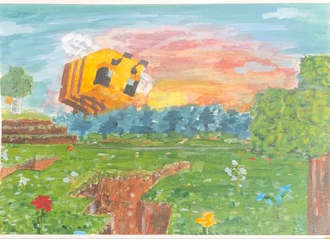 Minecraft Posters Aesthetic, Minecraft Watercolor Painting, Minecraft Bee Painting, Minecraft Bee Aesthetic, Minecraft Bee Drawing, Minecraft Watercolor, Minecraft Painting, Bee Aesthetic, Minecraft Bee