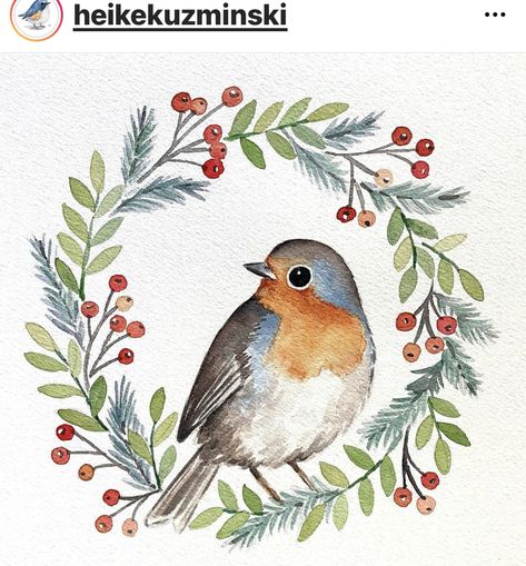 Watercolor Robin, Christmas Card Art, Diy Watercolor Painting, Watercolor Christmas Cards, Art Carte, Bird Artwork, Wreath Watercolor, Art Et Illustration, Watercolor Inspiration