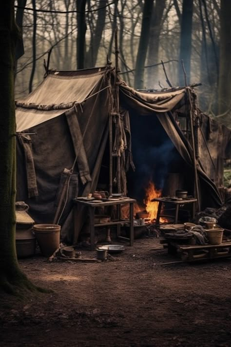 Warrior Camp Aesthetic, Medieval Bandit Aesthetic, Apocalypse Camp Aesthetic, Female Indiana Jones Aesthetic, Medieval Hunter Aesthetic, Training Camp Aesthetic, Fantasy Camp Aesthetic, Summer Camp Buildings, Commune Aesthetic