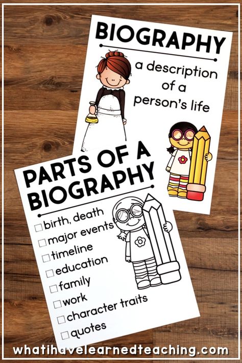 This Biography Report that can be used for any historical person.  It is great for a social studies biography unit or reading informational writing and research unit. It includes five different report options, lap book, interactive notebook, and construction paper person. Each option has a variety of pages from which to pick and choose. #biographyreport #socialstudies #secondgradesocialstudies #thirdgradesocialstudies #biographies #elementarybiography #elementarysocialstudies Second Grade Biography Project, 2nd Grade Biography Project Ideas, Biography Anchor Chart 2nd, Biography Anchor Chart, Biography Book Report Projects, Biography Project Elementary, Biographies Anchor Chart, Biography Report Template, Biography Lesson