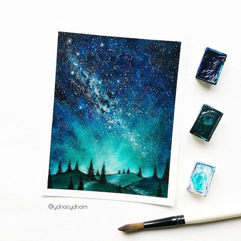 I Create Landscapes Using Watercolor Watercolor Milky Way, Northern Lights Watercolor, Love Galaxy, Paintings Of Landscapes, Galaxy Watercolor, Watercolor Galaxy, Watercolor Paintings Easy, Galaxy Painting, Small Canvas Art