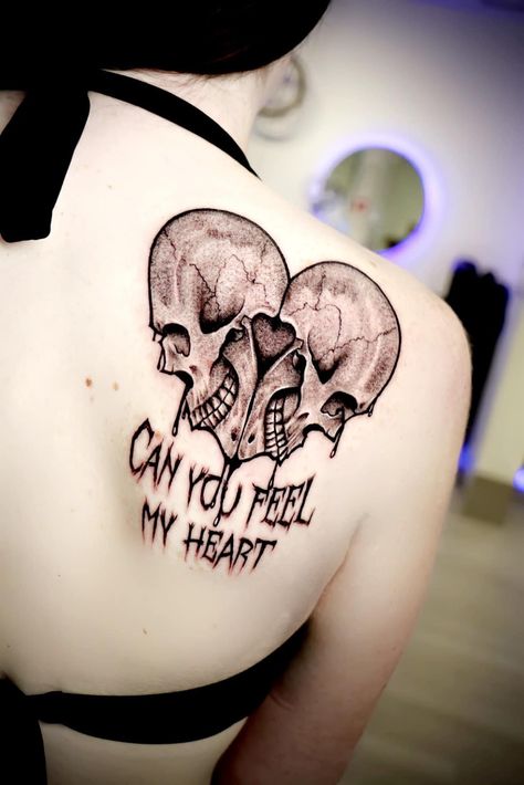 Gothic Love Tattoo, Heart With Words Tattoo, Tattoo Ideas Female Gothic, Love Skull Tattoo, Matching Goth Tattoos, Dark Romance Tattoo, Brats Tattoo, Goth Tattoo Ideas, Skull Couple Tattoo