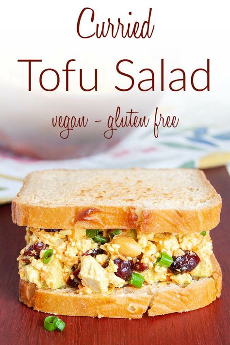 Curried Tofu Salad (vegan, gluten free) - This tofu salad is sweet and savory. It's quick and easy to make, and tastes great by itself or in a sandwich. Best Tofu Recipes, Curry Tofu, Vegan Picnic, Vegetarian Sandwich Recipes, Vegan Sandwich Recipes, Tofu Sandwich, Vegan Sandwiches, Tofu Recipes Vegan, Picnic Recipes