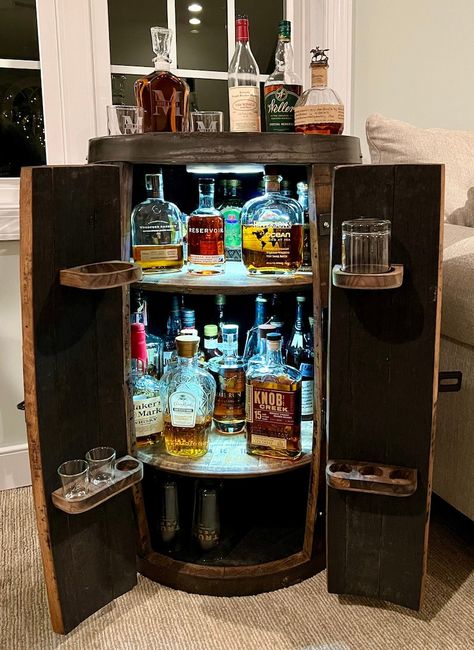 Whiskey Room Ideas, Liqour Cabinet, Bourbon Barrel Bar, Liquor Cabinet Bar, Beach Cave, L E D Lights, Led Lights White, Liquor Storage, Liquor Shelf