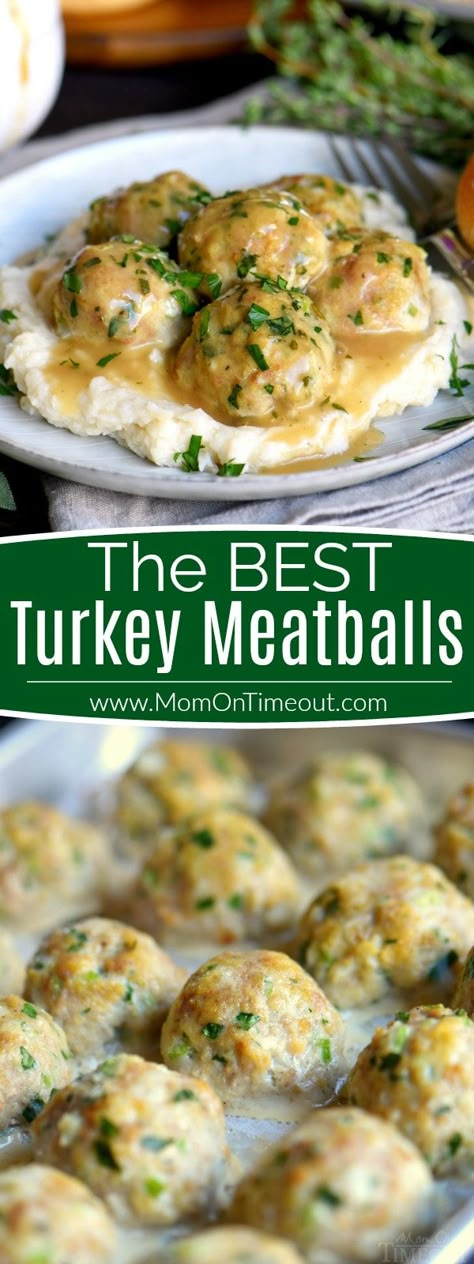 The BEST Turkey Meatballs can be on your table in less than 30 minutes! These baked turkey meatballs are perfectly seasoned and exceptionally delicious. Topped with a simple herbed gravy, they're impossible to resist! // Mom On Timeout #turkey #dinner #recipe #ad Best Turkey Meatballs, Meatballs Turkey, Baked Turkey Meatballs, Turkey Meatballs Baked, The Best Turkey, Turkey Meatball Recipe, Baked Turkey, Best Turkey, Turkey Gravy