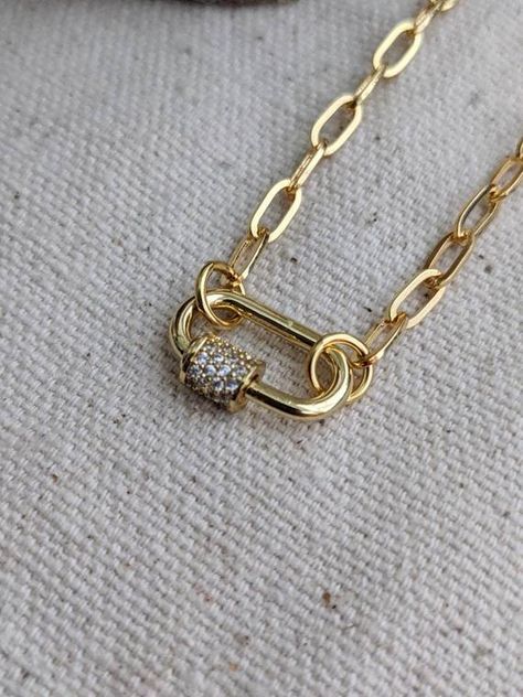 You loved the original sized carabiner, I had to add a mini option too! Trending screw charm necklace with paperclip chain- heavy gold 14k gold plated over brass - chain is 16" + 2" extension- screw charm approx 3/4" long, exact mm pictured- cz accents☆ Style option to purchase the necklace as pictured or the Carabiner only♡ can wear alone or layered* If you would like a different length of chain can select "carabiner only" and purchase your desired chain length seperate here ⬇️https://www.etsy. Carabiner Necklace, Necklace Lock, Jewelry Stacking, Lock Necklace, Summer Bracelets, Cz Necklace, Stacked Jewelry, Cute Necklace, Brass Chain