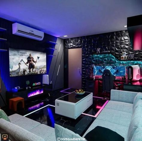 Gaming Den Ideas, Game Room Design Man Caves, Luxury Gaming Room, Modern Gaming Room, Rgb Setup, Cinema Wall, Cinema Rooms, House Dr, Basement Games