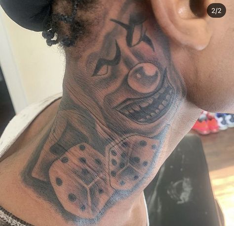 Neck Tattoo For Black Guys, Dollar Sign Neck Tattoo, Chucky Tattoo Neck, Hood Neck Tattoo, Front Neck Tattoos For Men Black, Rapper Neck Tattoo, Men Throat Tattoo, Neck Tattoo Men Black, Neck Tattoos Black Man