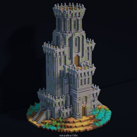 Temple Design Minecraft, Minecraft Wizard Castle, Minecraft Castle Tower Roof, Stone Tower Minecraft, Minecraft Island Castle, Minecraft Round Tower, Minecraft Obelisk, Minecraft Tower Base, Minecraft Building Ideas Castle