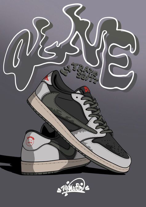 Travis Scott Olive, Air Jordan 1 Travis Scott, Shoe Poster, Shoes Wallpaper, Nike Air Jordan Shoes, Nike Slides, Illustration Procreate, Custom Nike Shoes, Cartoon Character Pictures