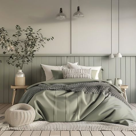 White Cream And Sage Bedroom, Cream Sage Bedroom, Green Bedroom Carpet Ideas, Bedroom Panelling Sage Green, Sage And Silver Bedroom, Dulux Sage Green Bedroom, Sage And Grey Bedroom Ideas, Ideas For Green Bedroom, Modern Bedroom Design Green