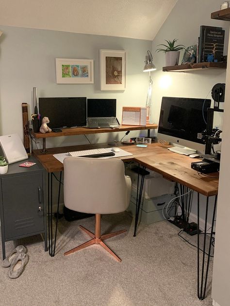 Wood Desk Ideas Bedroom, Corner Desk With Monitor Shelf, Black And Wood Desk, Snug Office, Desk Industrial Style, Dark Wood Desk, Desk Industrial, Industrial Style Desk, L Shaped Corner Desk