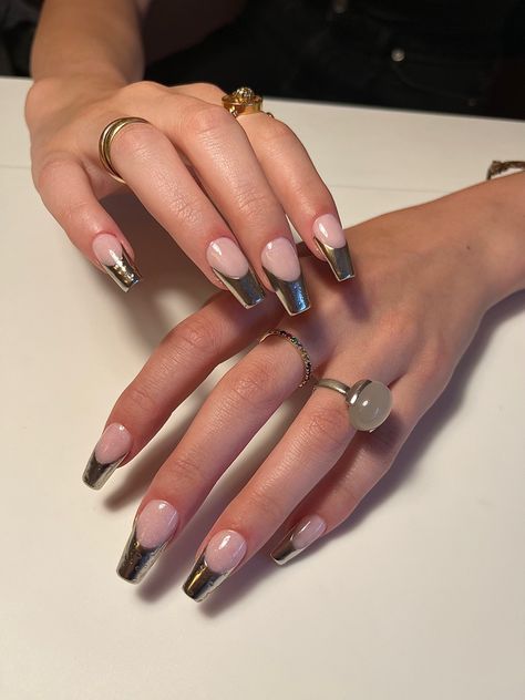 French Tip Nails Classic, Chrome French Tip Nails, Chrome French Tips, Nessa Nails, Chrome French Tip, White French Tip Nails, Chrome French, Nails Classic, French Tip Manicure