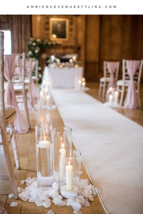 Candles Down Isle, Pink Chair Decor, Candles Down Ceremony Aisle, Candles And Rose Petals Wedding Aisle, Candle Lite Wedding Ceremony, Candle Lit Isle, Chair Decor Wedding, Wedding Aisle Candles, Aisle Inspiration