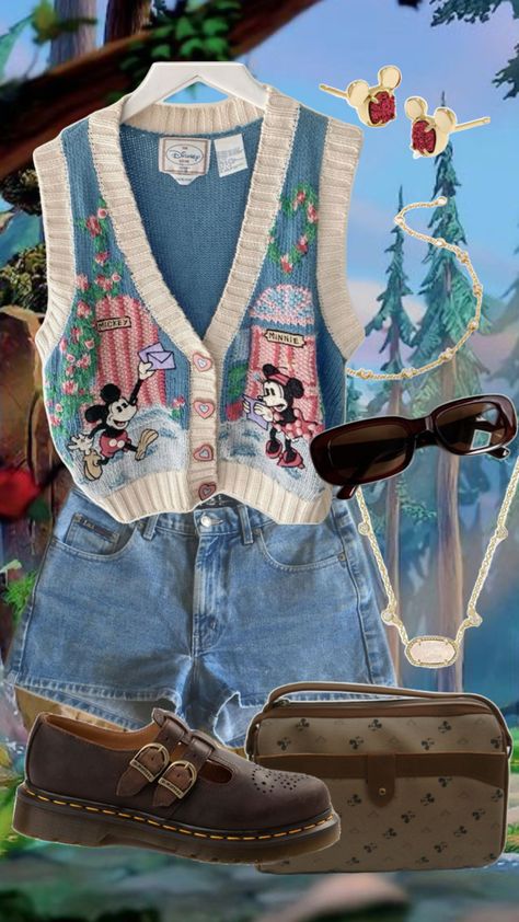 Disney Outfit, 90s Mickey/Minnie Vest, Abercrombie Shorts, Doc Marten Brown Mary Jane’s, Gold Jewelry Kendra Scott Anna And Kristoff Disneybound, Disney World Cute Outfits, California Adventure Disneybound, Star Wars Park Outfit, Aesthetic Disney Outfits Winter, Minnie Disney Outfit, New Years Disney Outfit, Pisces Venus Style Outfits Winter, Disneyland Christmas Outfits Women