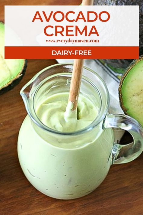 This dairy-free avocado crema is vegan, Whole30 and ready in minutes! Use on tacos, bowls, salads and more as a way to add a blast of flavor! #avocado #avocadocrema #vegancrema #vegansauce #whole30sauce #whole30recipe #avocadorecipe #dairyfreesauce Whole30 Sauces, Keto Condiments, Dairy Free Sauces, Vegan Low Carb, Avocado Chocolate Pudding, Avocado Crema, Avocado Cream, Vegan Sauces, Egg White