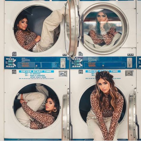 Laundry Photoshoot Ideas, Unique Photoshoot Concepts, Laundry Matt Photoshoot, Washing Machine Photoshoot, Laundrette Photoshoot, Laundry Room Photoshoot, Washing Machine Aesthetic, Laundry Mat Photoshoot, Laundry Photoshoot