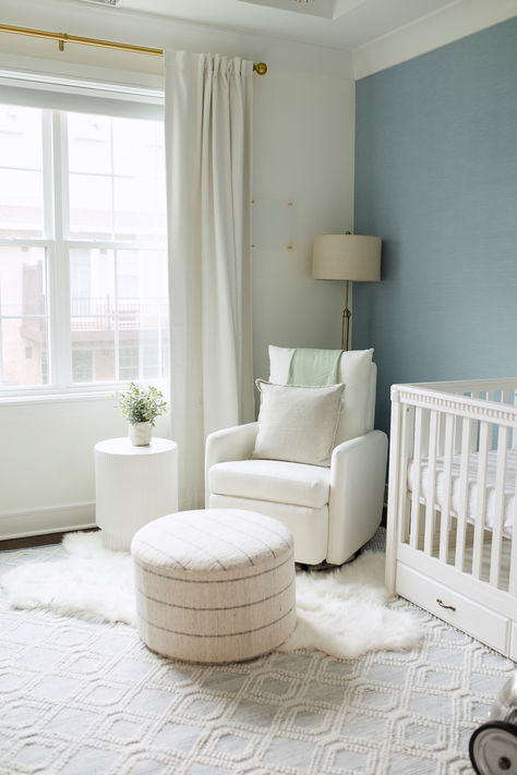 A cozy and calming nursery with charming details and lots of texture. Blue Neutral Nursery, Blue Nursery Girl, Guest Room Paint, Nursery Color Palette, Light Blue Nursery, Nursery Inspiration Girl, Closet Nursery, Baby Blue Nursery, Teal Nursery