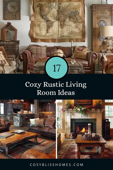 A pin showcasing 17 Cozy Rustic Living Room Ideas. Images illustrate elements like cozy textures, vintage accents, and luxurious leather furniture, providing inspiration for a warm and inviting home. Mountain House Living Room, Rustic Great Room, Cozy Rustic Living Room, Rustic Elegance Decor, Rustic Living Rooms, Mountain Furniture, Apartment Ideas Living Room, Rustic Living Room Ideas, Rustic Chic Living Room