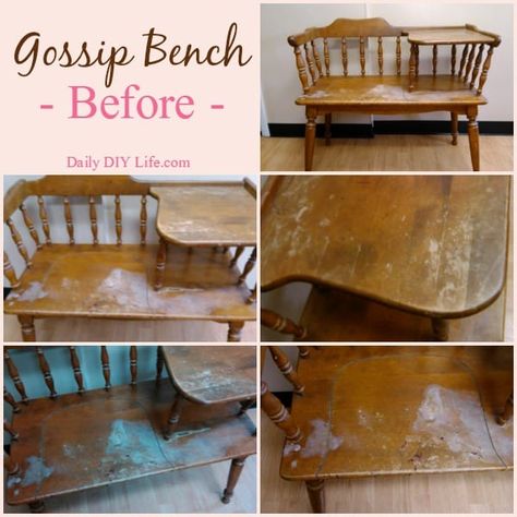 Gossip Bench Make Over! - A Trash to Treasure Story! Phone Bench Makeover, Telephone Bench Makeover, Gossip Bench Makeover, Gossip Table, Phone Bench, Gossip Benches, Furniture Recycle, Vintage Telephone Table, Telephone Bench