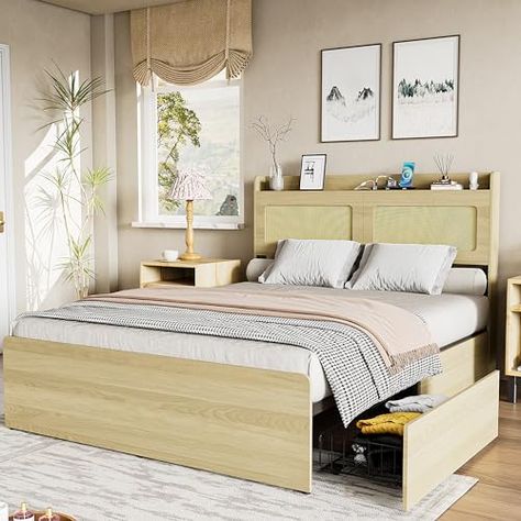 Boho Bed Frame, Natural Headboard, Wood Bed Frame Queen, Rattan Bed Frame, Boho Bed, Headboard Wood, Bed Frame Queen, Rattan Bed, Iron Bed Frame