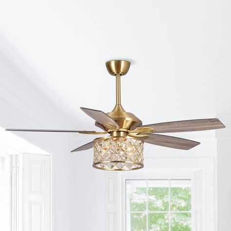 52-in Modern Brushed Gold 5-Blade Crystal Cage Ceiling Fan with Remote - 52-in W - On Sale - Bed Bath & Beyond - 38397386 Gold Ceiling Fan, Crystal Ceiling Fan, Industrial Ceiling Fan, Drum Light, Room Fan, Gold Ceiling, Metal Chandelier, Fan With Light, Led Ceiling Fan