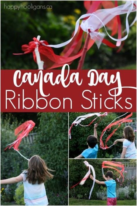 Canada Day Twirling Ribbons - Happy Hooligans Canada For Kids, Canada Party, Canada Day Crafts, Canada Day Party, Ribbon Sticks, Happy Hooligans, Canada Holiday, Inexpensive Crafts, National Holiday