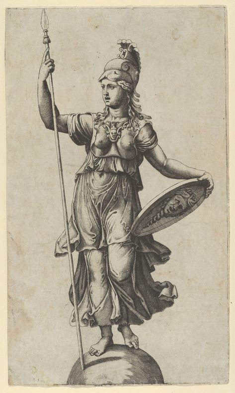 Pallas Athena standing on a globe, a spear in her left hand, a shield in her right, Marcantonio Raimondi (Italian, Argini (?) ca. 1480–before 1534 Bologna (?)), Engraving Pallas Athena, Athena Tattoo, Greek Gods And Goddesses, A Globe, Greek And Roman Mythology, Greek Mythology Art, Athena Goddess, Albrecht Durer, San Michele