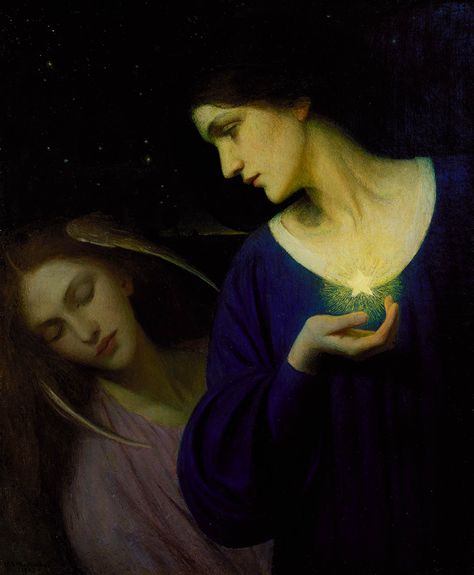 "Night and Her Daughter Sleep" 1902 Mary L. Macomber American oil on canvas 30 x 24 7/8 in. (76.2 x 63.2 cm.) Pre Raphaelite Art, Pre Raphaelite, Beltane, Stars At Night, Classical Art, 그림 그리기, American Art, Dark Art, Classic Art