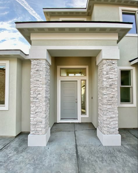 Entrwaydesign #entryway #exteriordesignideas #homegoals #modernhome #modernmansion #exteriorhomedesign Front House Pillars Entrance, Front Pillar Design Modern, Stone Veneer Columns Front Porches, Exterior Pillars Columns Porch Ideas, Exterior Pillar Design, Modern Column Design Exterior, Square Pillar Design Exterior Entrance, Pillar Design Exterior Entrance, House Front Round Pillar Design