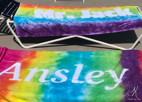 Tie-Dye Beach Towels – Created By Kisha Tye Dye Towels With Names Diy, Tye Dye Beach Towels, Tie Dye Beach Towel With Name, Tie Dye Name Towel Diy, Cricut Beach Towel, Tie Dye Beach Towel Diy, Tie Dye Towels With Names, Ocean Tie Dye, Tye Dye Towels