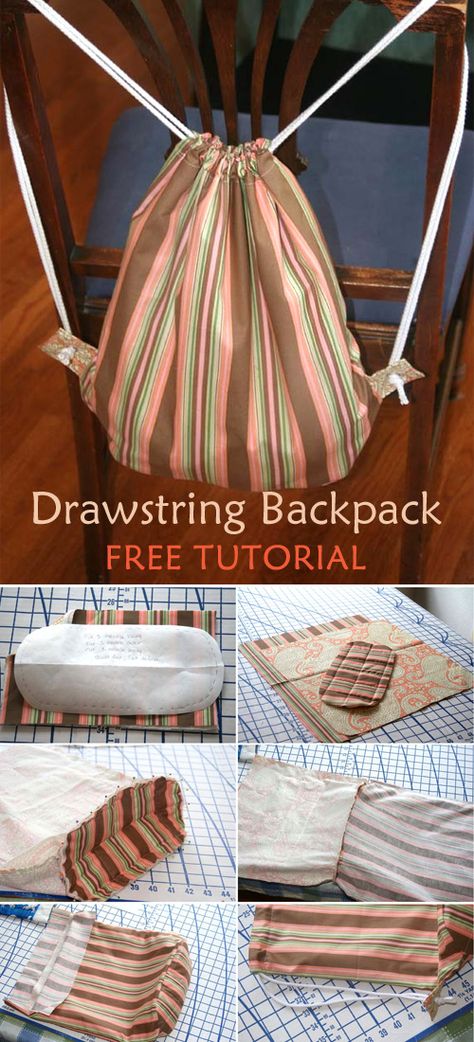 Drawstring Backpack Tutorial, Drawstring Backpack Pattern, Make A Drawstring Bag, Diy Rucksack, Diy Backpack Pattern, Drawstring Bag Diy, Drawstring Bag Tutorials, Backpack Sewing, Backpack Tutorial