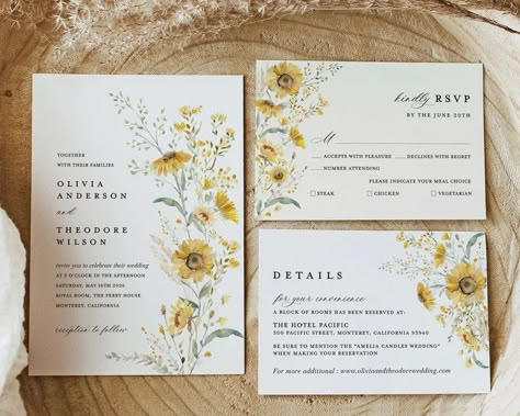 Sunflower Wedding Ideas for Every Season and Style - zoeylouisedesign.com Sage Green And Yellow Wedding Invitation, Wedding Invitations Templates Free Zazzle, Sun Flower Wedding Invitations, Sunflower Wedding Stationery, Wedding Invitation Sunflower, Yellow Wildflower Wedding, Yellow Wedding Invites, Sunflower Invitations Wedding, Sunflower Invitations Templates