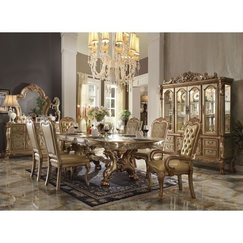 Black And Gold Dining Room, Luxurious Dining Table, Gold Dining Room, Empire Furniture, Gold Dining, Set Meja Makan, Formal Dining Tables, Trestle Dining Tables, Dining Furniture Sets