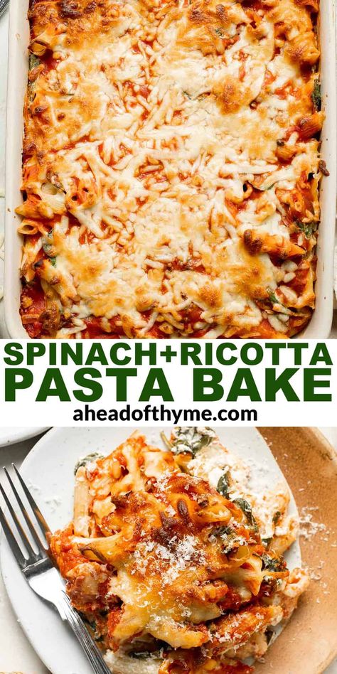 Spinach and Ricotta Pasta Bake via @aheadofthyme Spinach And Cheese Pasta Bake, Baked Spinach Pasta, Spinach And Ricotta Pasta Bake, Ricotta Spaghetti Bake, Spinach Cheese Pasta, Spinach With Pasta Recipes, Ricotta And Spinach Recipes, Ricotta Spinach Pasta, Pasta And Ricotta