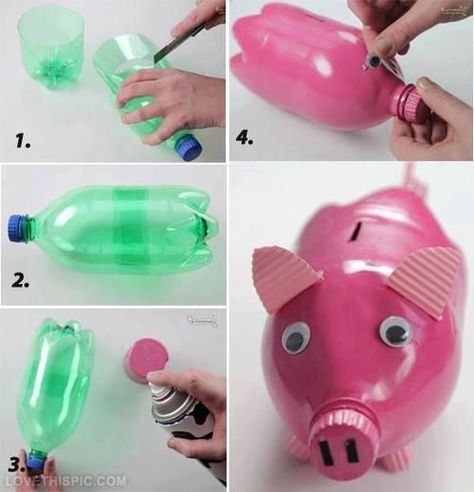 Piggy Bank from an old 2 liter soda bottle...or make a mini out of a 20 oz bottle or mKe a super mini out of a 11 or 12 oz bottle!! Piggy Bank Diy, Kerajinan Diy, Diy Plastic Bottle, Plastic Bottle Crafts, Recycled Projects, Cool Ideas, Fun Diy Crafts, Recycled Crafts, Recycle Plastic Bottles