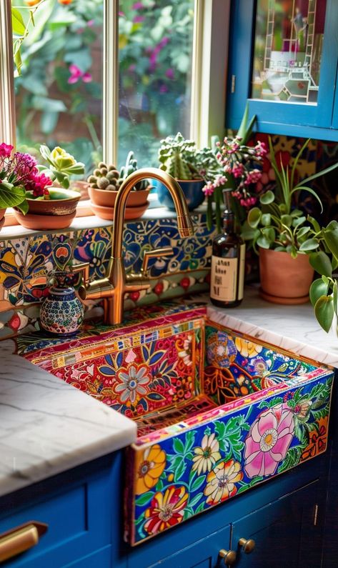 30 Stunning Bohemian Kitchen Sink Inspirations You'll Love - Home Made Graceful Tiled Kitchen Sink, Greek Kitchen Decor, Warm Eclectic Home, Anthropology Aesthetic Home, Meditterean Kitchen, Small Boho House, Mexican Theme Kitchen, Colorful Home Aesthetic, Mexican Inspired Home