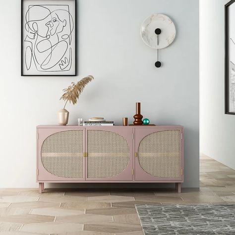 Pink Rattan, Rattan Doors, Japandi Interior Design, Dining Roo, Plywood Kitchen, Rattan Sideboard, Japandi Interior, Tempered Glass Door, Rustic Materials