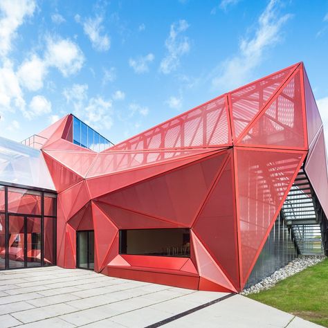 Red Building, Steel Architecture, Deconstructivism, Metal Facade, Facade Architecture Design, Architecture Panel, Cultural Architecture, Architecture Design Concept, Metal Panels