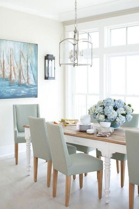 Farmhouse Dining Room Table Decor, Rustic Farmhouse Dining Room, Blue Dining Room, Coastal Dining Room, Farmhouse Dining Room Table, Beach House Interior Design, Coastal Dining, Dining Room Blue, Table Decor Ideas