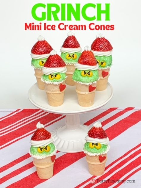 grinch food, grinch treats, grinch party ideas, grinch snacks, grinch movie dessert, grinch mini ice cream cones, cute grinch food, the grinch who stole christmas movie, christmas family movie night snacks, green grinch food, easy grinch food ideas, best easy grinch food dessert treat snack recipe ideas for kids movie night Grinch Afternoon Tea, Holiday Themed Treats, Grinch Christmas Food Snacks, Grinch Ice Cream Cone Cupcakes, Green Christmas Food Ideas, Grinch Holiday Treats, Whoville Desserts, Grinch Desserts For Kids, Easy Christmas Food Ideas Snacks