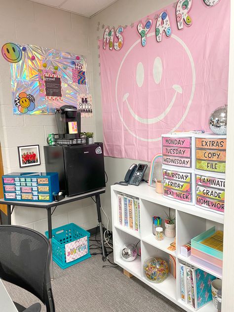 Groovy retro classroom decor inspiration #y2k #retro #teacher #classroomdecorideas #classroom Y2k Classroom Theme, Colorful High School Classroom, Groovy Brights Classroom, Classroom Decor Pink, Classroom Decor Retro, Groovy Classroom Decor Ideas, Pink Classroom Aesthetic, Pink Classroom Ideas, Groovy Classroom Doors