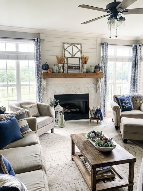 Fall living room ideas using Navy, Copper, sage green and white | Wilshire Collections Sage Living Room, Fall Living Room Ideas, Wilshire Collections, Bedroom French, Navy Living Rooms, Rustic Farmhouse Living Room, Fall Living Room Decor, Fall Living Room, Living Modern