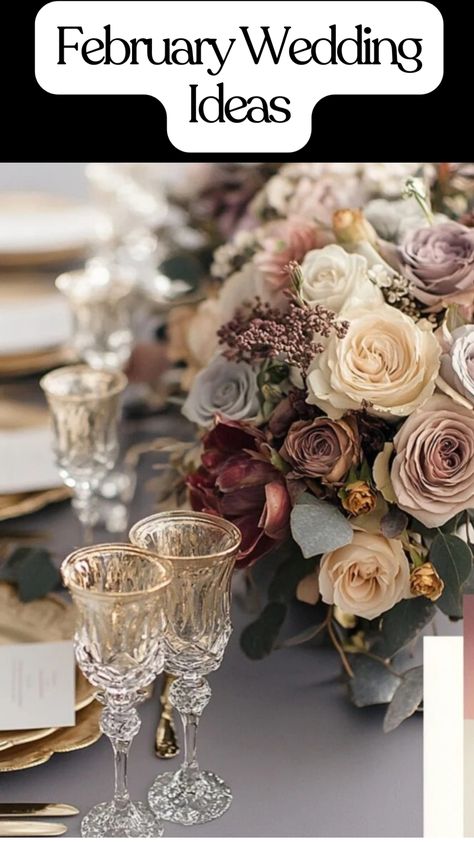 charming February wedding idea Flowers For February Wedding, February Wedding Colors Winter, Winter Wedding February, February Wedding Color Schemes, February Wedding Ideas Color Palettes, Wedding Colors For February, Deep Color Wedding, February Wedding Decorations, Wedding Color Palette Burgundy